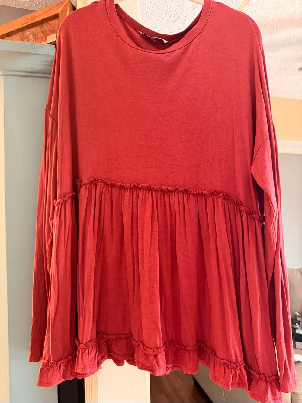 Relaxed Ruffled Peplum Blouse in Deep Red